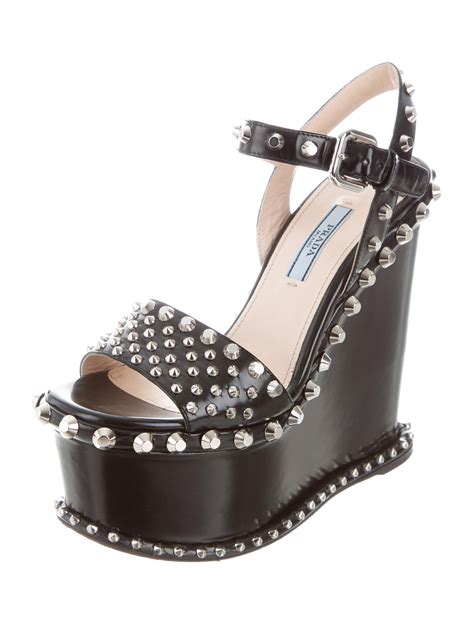 prada platform wedge sandals|prada studded pony skin sandals.